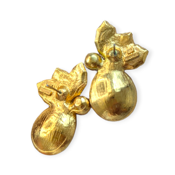 Christmas Ruby Red Green Enamel Holly Berry Rhinestone Stud Earrings - Picture 2 of 5